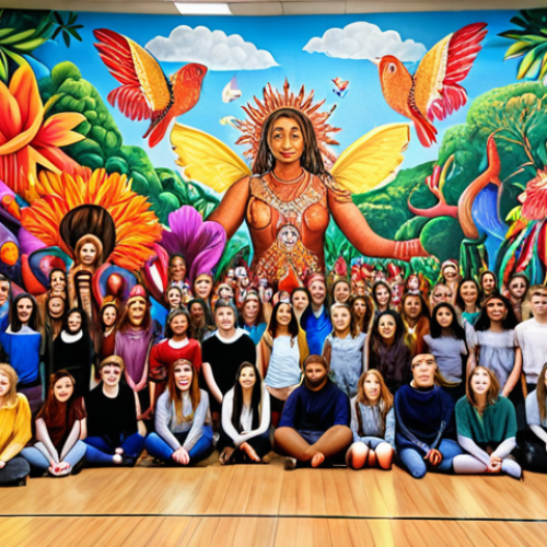 Home 22 **Group of students collaboratively creating a large-scale mural, vibrant colors, diverse artistic styles, expressing unity and creativity, art education setting.**