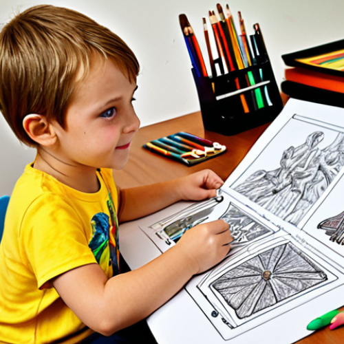 Home 21 A child's vibrant early art experiences: A young child joyfully creates art with no rules, using old office papers as a drawing book with their sibling, imagining themselves as artists, scientists, or fairytale explorers.