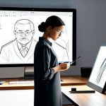 A focused digital artist, wearing a modest, dark professional tunic and charcoal grey trousers, stands in a brightly lit, minimalist studio. They are intensely engaged with a large, glowing monitor, using a sleek digital pen tablet to sculpt a complex 3D character model. On a nearby clean wooden desk, a traditional sketchbook and set of colored pencils are subtly visible, hinting at the fusion of classic and digital art. The scene is captured with professional studio lighting, emphasizing sharp details and textures. fully clothed, appropriate attire, professional dress, safe for work, appropriate content, professional, perfect anatomy, correct proportions, natural pose, well-formed hands, proper finger count, natural body proportions, high quality photography.