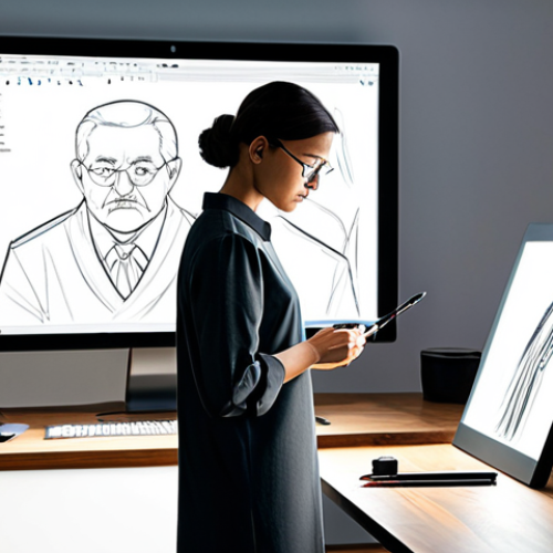 Home 20 A focused digital artist, wearing a modest, dark professional tunic and charcoal grey trousers, stands in a brightly lit, minimalist studio. They are intensely engaged with a large, glowing monitor, using a sleek digital pen tablet to sculpt a complex 3D character model. On a nearby clean wooden desk, a traditional sketchbook and set of colored pencils are subtly visible, hinting at the fusion of classic and digital art. The scene is captured with professional studio lighting, emphasizing sharp details and textures. fully clothed, appropriate attire, professional dress, safe for work, appropriate content, professional, perfect anatomy, correct proportions, natural pose, well-formed hands, proper finger count, natural body proportions, high quality photography.