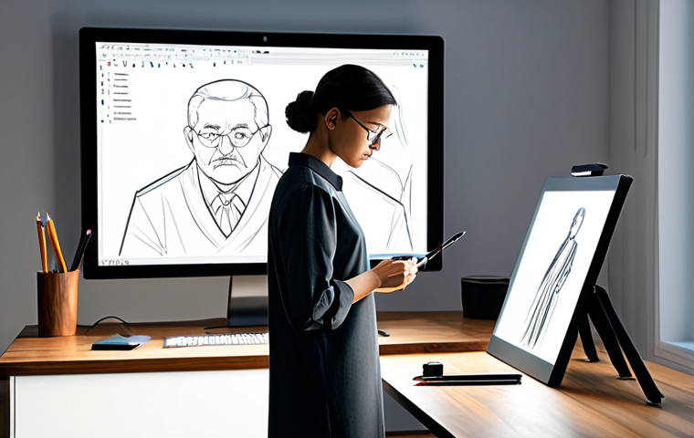 A focused digital artist, wearing a modest, dark professional tunic and charcoal grey trousers, stands in a brightly lit, minimalist studio. They are intensely engaged with a large, glowing monitor, using a sleek digital pen tablet to sculpt a complex 3D character model. On a nearby clean wooden desk, a traditional sketchbook and set of colored pencils are subtly visible, hinting at the fusion of classic and digital art. The scene is captured with professional studio lighting, emphasizing sharp details and textures. fully clothed, appropriate attire, professional dress, safe for work, appropriate content, professional, perfect anatomy, correct proportions, natural pose, well-formed hands, proper finger count, natural body proportions, high quality photography.