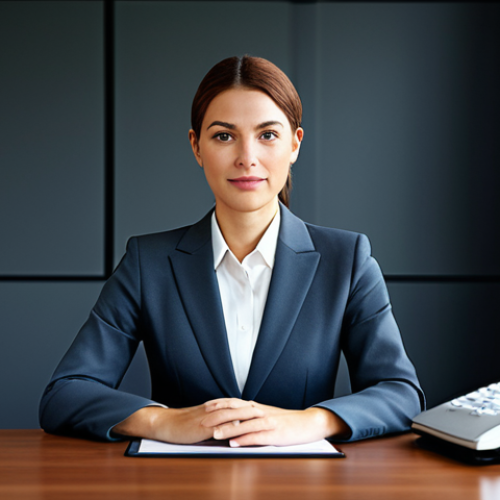 Home 9 **
A professional businesswoman in a modest business suit, sitting at a desk in a modern office. The scene should convey a sense of competence and focus. Fully clothed, appropriate attire, safe for work, perfect anatomy, natural proportions, professional photography, high quality, family-friendly.
**