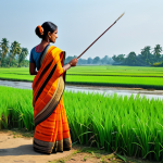 "A professional female artist in a modest saree, painting a vibrant landscape of rural Bengal on a canvas, depicting lush paddy fields and a flowing river, fully clothed, appropriate attire, safe for work, perfect anatomy, natural proportions, professional photography, high quality."
