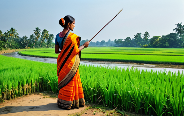 "A professional female artist in a modest saree, painting a vibrant landscape of rural Bengal on a canvas, depicting lush paddy fields and a flowing river, fully clothed, appropriate attire, safe for work, perfect anatomy, natural proportions, professional photography, high quality."