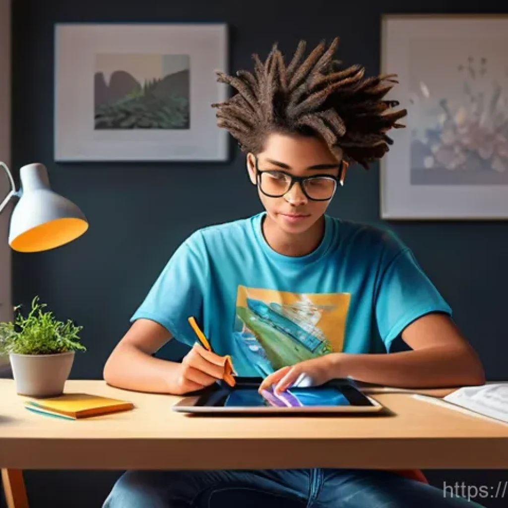 미술과 디지털 아트 교육 - **Prompt 1: The Spark of Digital Creativity**
A vibrant digital painting of a teenager (around 1...