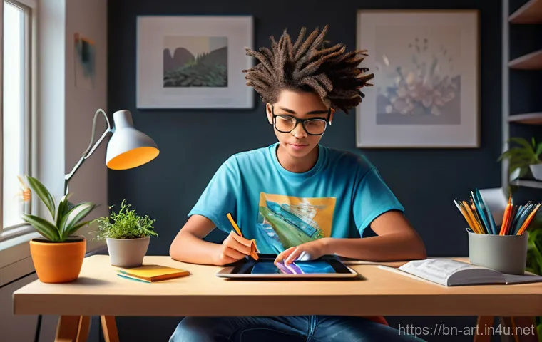 미술과 디지털 아트 교육 - **Prompt 1: The Spark of Digital Creativity**
    A vibrant digital painting of a teenager (around 1...
