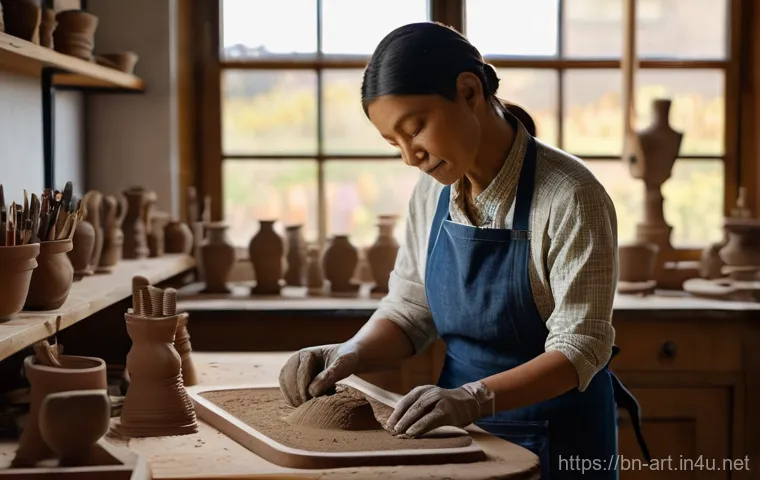 미술 교육과 입체 조형 - **Prompt:** A focused sculptor, wearing comfortable work clothes (e.g., a denim apron over a long-sl...