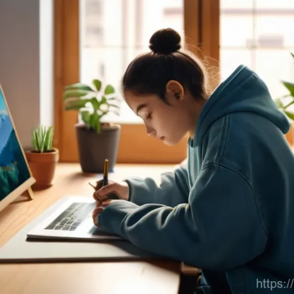 미술 교육을 위한 온라인 자료 활용법 - **Prompt:** A young, gender-neutral person, around 18-22 years old, sits comfortably at a wooden des...
