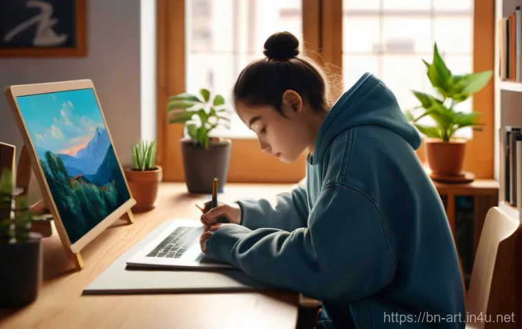 미술 교육을 위한 온라인 자료 활용법 - **Prompt:** A young, gender-neutral person, around 18-22 years old, sits comfortably at a wooden des...