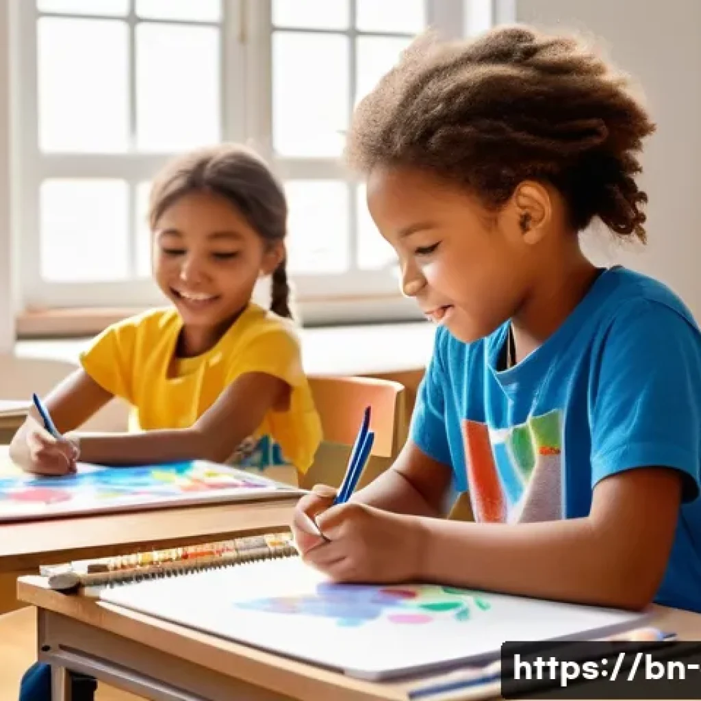 미술 교육과 창작 실험 - **Prompt:** A diverse group of young children, approximately 8-10 years old, in a bright and airy ar...