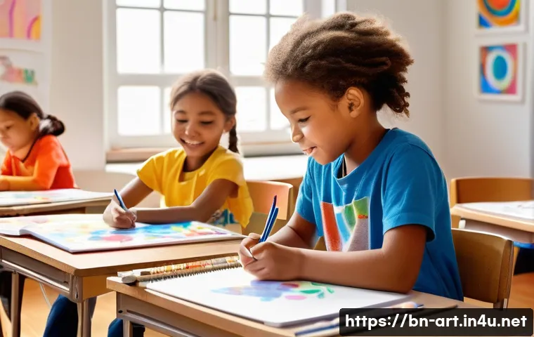 미술 교육과 창작 실험 - **Prompt:** A diverse group of young children, approximately 8-10 years old, in a bright and airy ar...