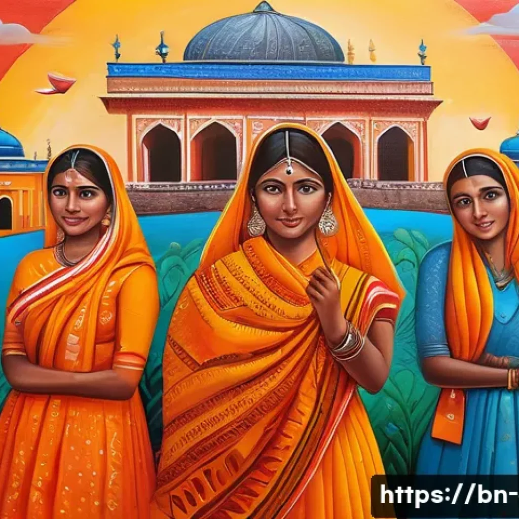 미술과 사회적 메시지 - A vibrant, detailed painting illustrating a group of Bengali women artists creating socially impactf...