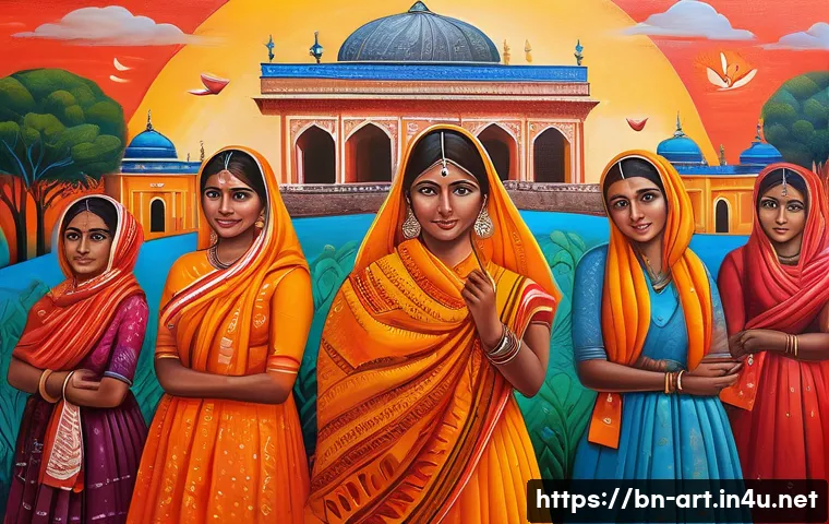 미술과 사회적 메시지 - A vibrant, detailed painting illustrating a group of Bengali women artists creating socially impactf...