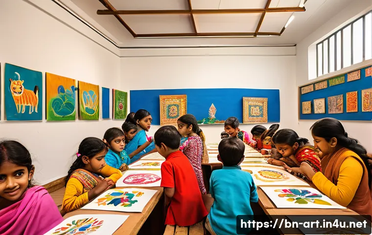 미술 교육과 미술관 교육 프로그램 - A vibrant classroom scene featuring Bengali children aged around 6-8 years, wearing colorful casual ...