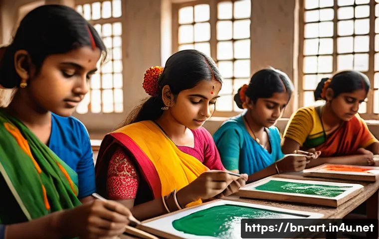 미술 평가 방법과 루브릭 개발 - A vibrant classroom scene featuring Bengali art students actively painting on canvases, showcasing t...