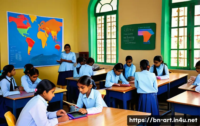 미술 교육과 예술과학 융합 - A vibrant classroom scene in a Bengali school where diverse students, wearing modest clothing and cu...
