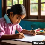 고등 미술 입시 전략 - A young Bengali art student attentively sketching in a bright, traditional classroom setting, surrou...