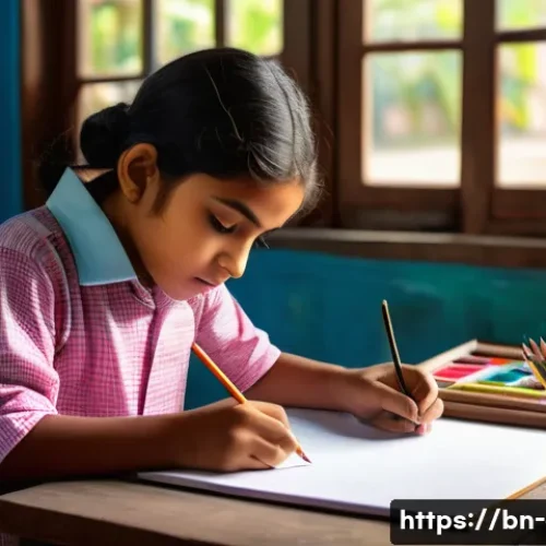 고등 미술 입시 전략 - A young Bengali art student attentively sketching in a bright, traditional classroom setting, surrou...