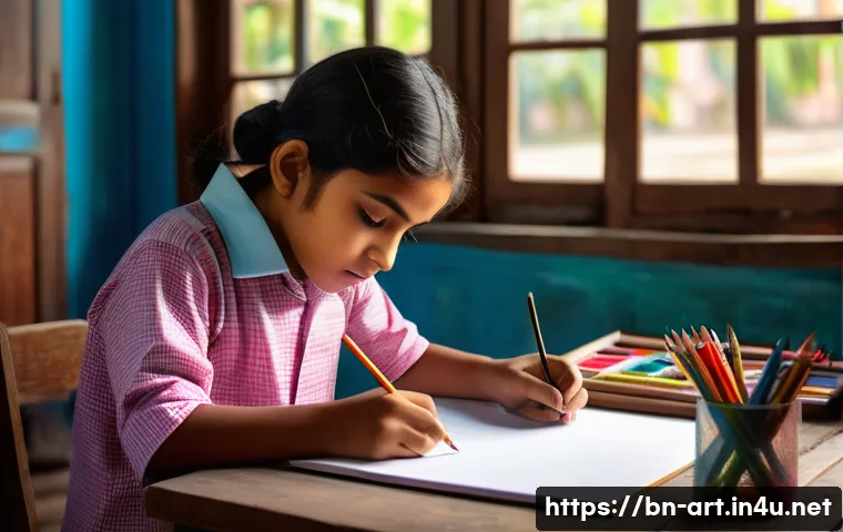 고등 미술 입시 전략 - A young Bengali art student attentively sketching in a bright, traditional classroom setting, surrou...