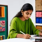 미술과 패션 디자인 교육 - A young Bengali fashion student using a digital tablet and stylus to create eco-friendly clothing de...