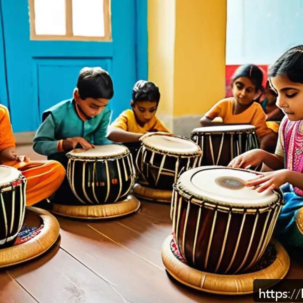 미술 교육과 음악과의 융합 - A vibrant classroom scene showing Bengali children attentively engaging in an integrated art and mus...