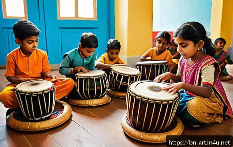 미술 교육과 음악과의 융합 - A vibrant classroom scene showing Bengali children attentively engaging in an integrated art and mus...