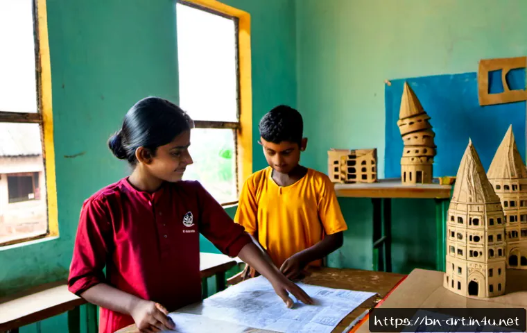 미술 수업에서의 프로젝트 기반 학습 - Photorealistic middle school art classroom in Bangladesh, diverse Bengali students collaborating on ...
