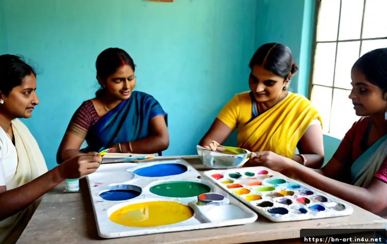미술 교육과 색채 치료 - Photorealistic art education and color therapy session in a bright Bengali community studio, compass...